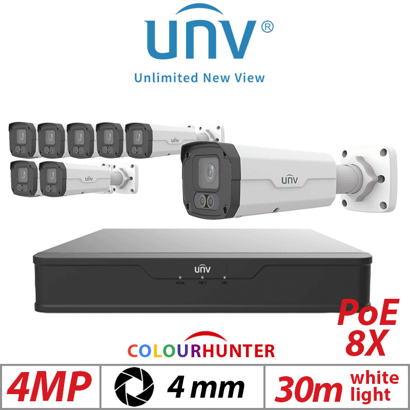 4MP 8CH UNIVIEW IP KIT - 8X COLORHUNTER - 24/7 COLOUR - DUAL ILLUMINATORS BULLET NETWORK CAMERA WITH DEEP LEARNING ARTIFICIAL INTELLIGENCE 4MM IPC2224SE-DF40K-WL-I0