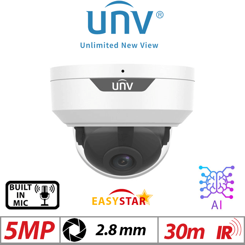 5MP UNIVIEW HD VANDAL-RESISTANT NETWORK FIXED DOME CAMERA 2.8mm WHITE IPC325LE-ADF28K-H