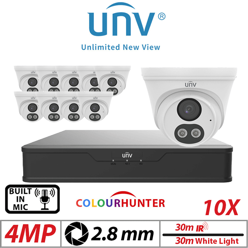 4MP 16CH UNIVIEW IP KIT - 10X COLORHUNTER - 24/7 COLOUR - HD TURRET NETWORK CAMERA WITH BUILT-IN MIC 2.8MM WHITE