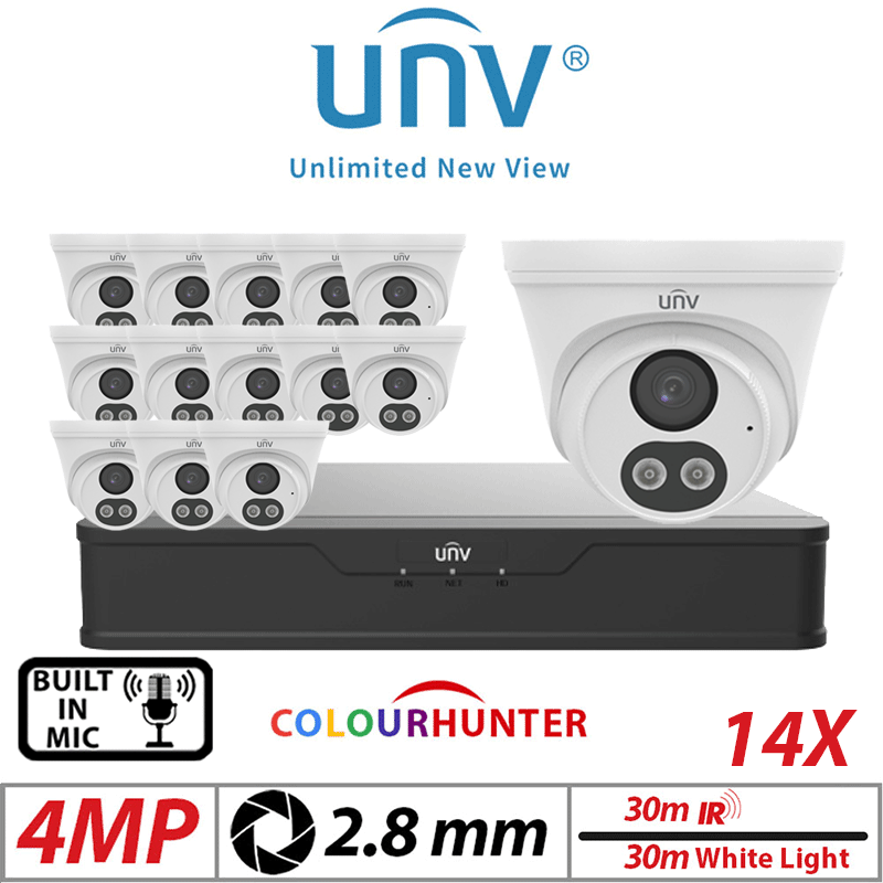 4MP 16CH UNIVIEW IP KIT - 14X COLORHUNTER - 24/7 COLOUR - HD TURRET NETWORK CAMERA WITH BUILT-IN MIC 2.8MM WHITE