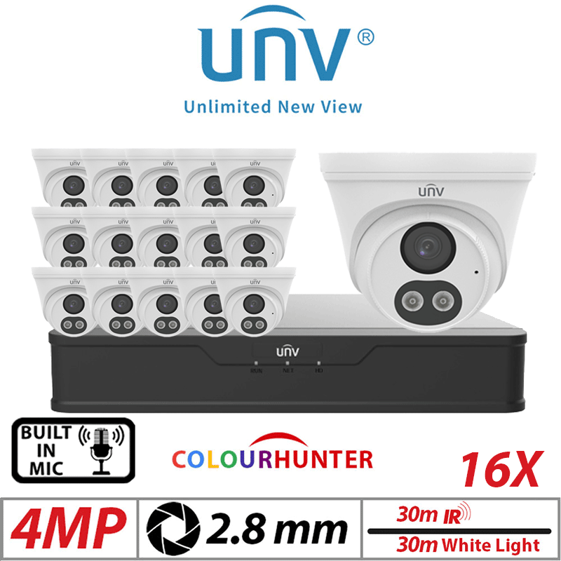 4MP 16CH UNIVIEW IP KIT - 16X COLORHUNTER - 24/7 COLOUR - HD TURRET NETWORK CAMERA WITH BUILT-IN MIC 2.8MM WHITE