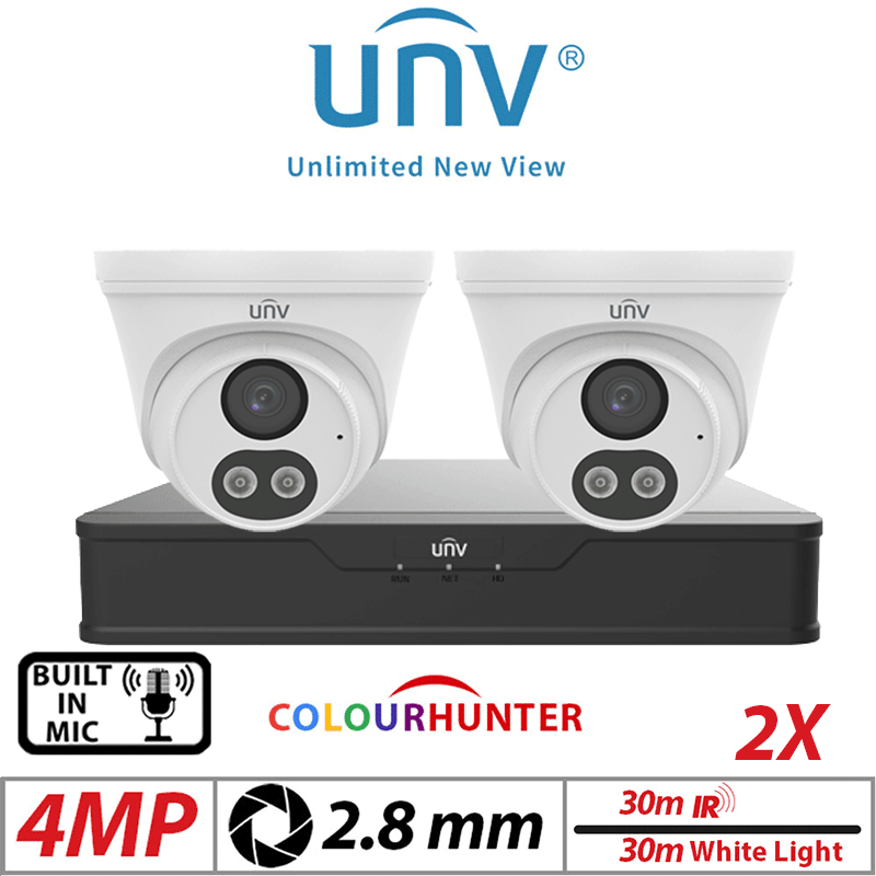 4MP 4CH UNIVIEW IP KIT - 2X COLORHUNTER - 24/7 COLOUR - HD TURRET NETWORK CAMERA WITH BUILT-IN MIC 2.8MM WHITE