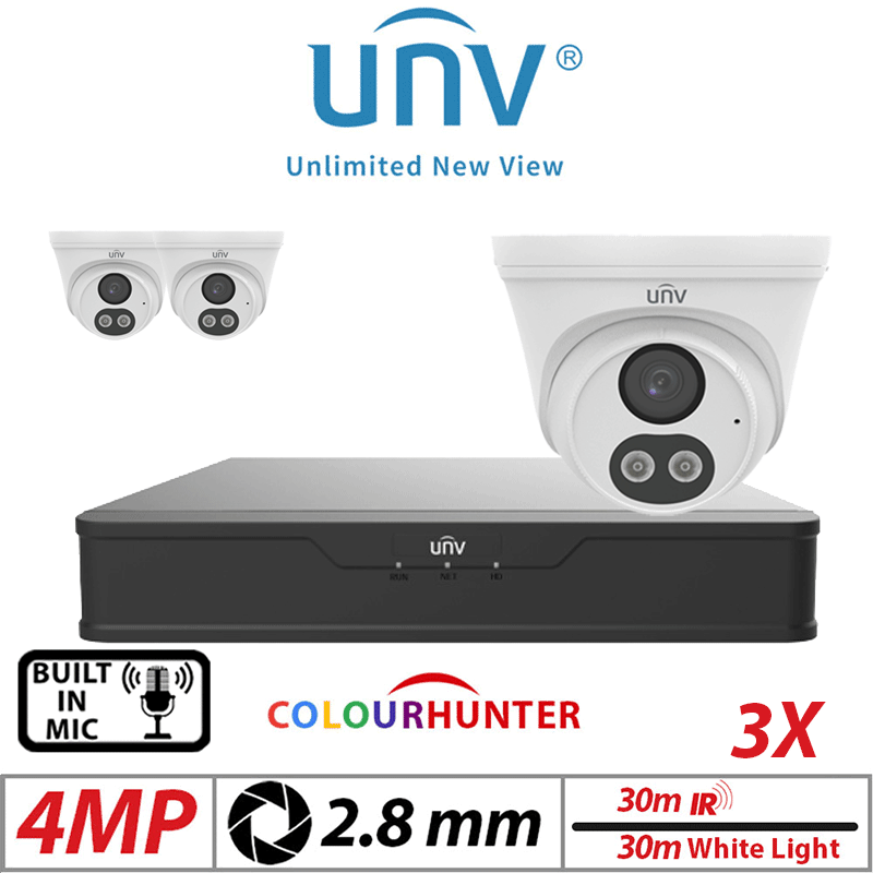 4MP 4CH UNIVIEW IP KIT - 3X COLORHUNTER - 24/7 COLOUR - HD TURRET NETWORK CAMERA WITH BUILT-IN MIC 2.8MM WHITE