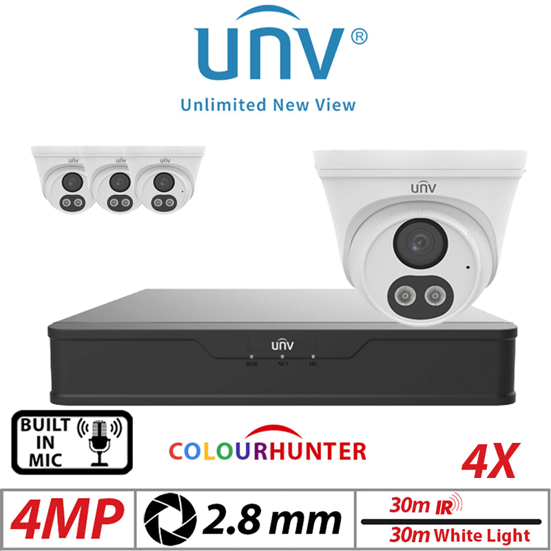 4MP 8CH UNIVIEW IP KIT - 4X COLORHUNTER - 24/7 COLOUR - HD TURRET NETWORK CAMERA WITH BUILT-IN MIC 2.8MM WHITE