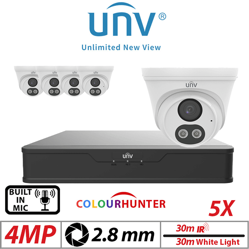 4MP 8CH UNIVIEW IP KIT - 5X COLORHUNTER - 24/7 COLOUR - HD TURRET NETWORK CAMERA WITH BUILT-IN MIC 2.8MM WHITE