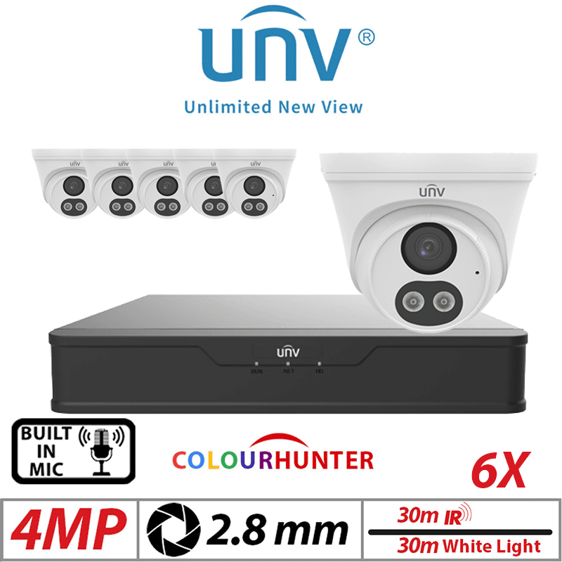 4MP 8CH UNIVIEW IP KIT - 6X COLORHUNTER - 24/7 COLOUR - HD TURRET NETWORK CAMERA WITH BUILT-IN MIC 2.8MM WHITE