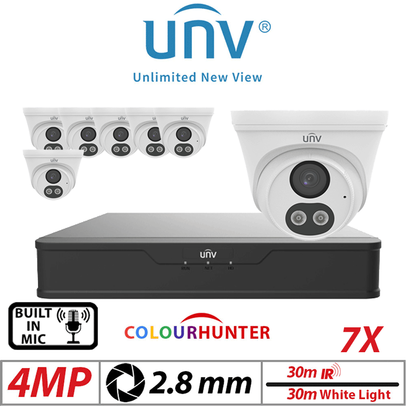 4MP 8CH UNIVIEW IP KIT - 7X COLORHUNTER - 24/7 COLOUR - HD TURRET NETWORK CAMERA WITH BUILT-IN MIC 2.8MM WHITE