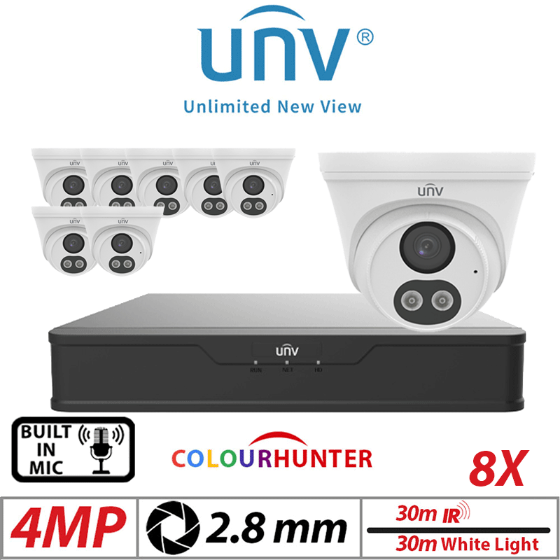 4MP 8CH UNIVIEW IP KIT - 8X COLORHUNTER - 24/7 COLOUR - HD TURRET NETWORK CAMERA WITH BUILT-IN MIC 2.8MM WHITE