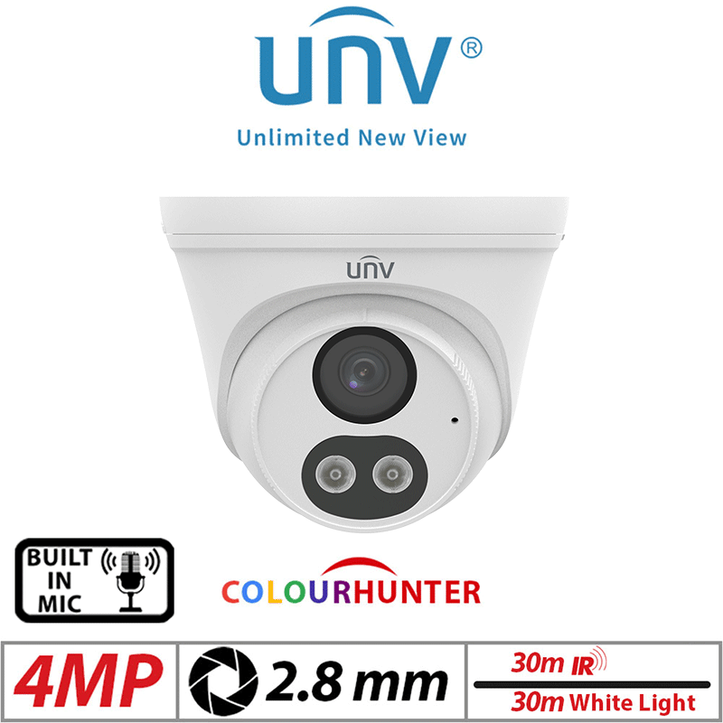 ‌‌4MP UNIVIEW COLORHUNTER - 24/7 COLOUR - HD TURRET NETWORK CAMERA WITH BUILT-IN MIC 2.8MM WHITE IPC3614LB-AF28K-DL