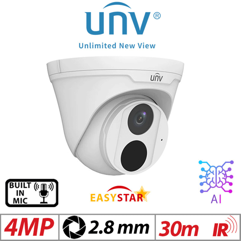 ‌‌4MP UNIVIEW HD EASYSTAR TURRET NETWORK CAMERA WITH BUILT IN MIC 2.8MM WHITE IPC3614LE-ADF28K-H