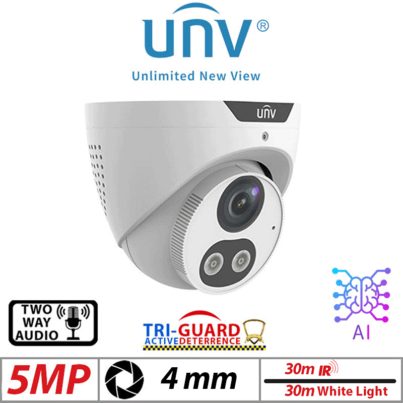 ‌‌‌5MP UNIVIEW TRI-GUARD COLORHUNTER - 24/7 COLOUR - HD IR TURRET NETWORK CAMERA WITH LIGHT, AUDIBLE WARNING AND DEEP LEARNING ARTIFICIAL INTELLIGENCE 4MM IPC3615SB-ADF40KMC-I0