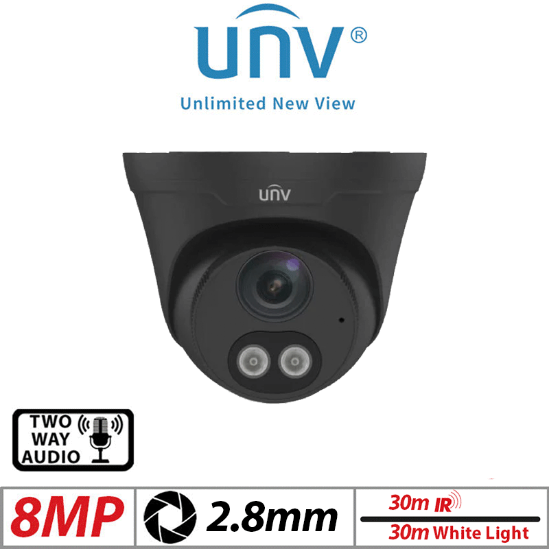 8MP UNIVIEW DUAL-LIGHT HD TURRET NETWORK CAMERA WITH TWO-WAY AUDIO 2.8MM BLACK IPC3618LE-ADF28KC-DL-BLACK