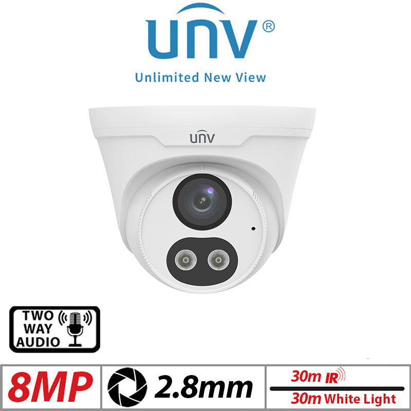 8MP UNIVIEW DUAL-LIGHT HD TURRET NETWORK CAMERA WITH TWO-WAY AUDIO 2.8MM WHITE IPC3618LE-ADF28KC-DL