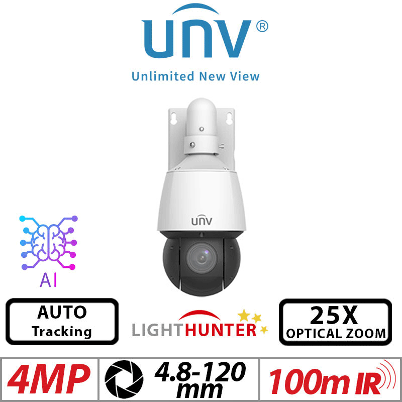 ‌4MP UNIVIEW LIGHTHUNTER 25X OPTICAL ZOOM NETWORK PTZ CAMERA WITH DEEP LEARNING ARTIFICIAL INTELLIGENCE WHITE 4.8-120MM UNV-IPC6424SR-X25-VF-B