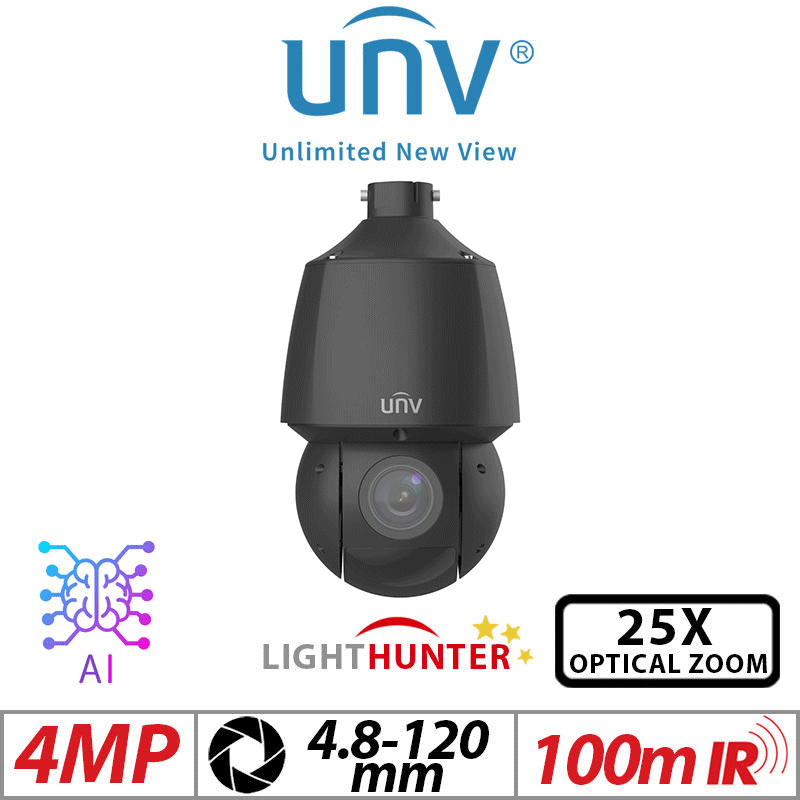 ‌4MP UNIVIEW LIGHTHUNTER 25X OPTICAL ZOOM NETWORK PTZ CAMERA WITH DEEP LEARNING ARTIFICIAL INTELLIGENCE BLACK 4.8-120MM UNV-IPC6424SR-X25-VF-BLACK