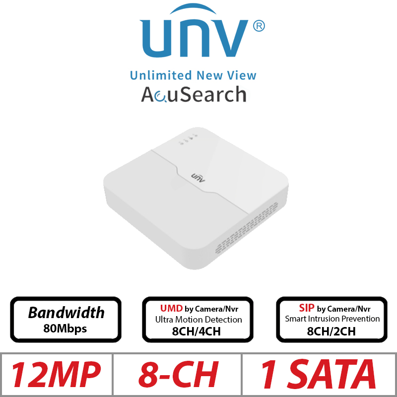 12MP 8-CH UNIVIEW 1-SATA POE NVR ULTRA 265/H.265/H.264 NVR301-08B-LP8-IQ