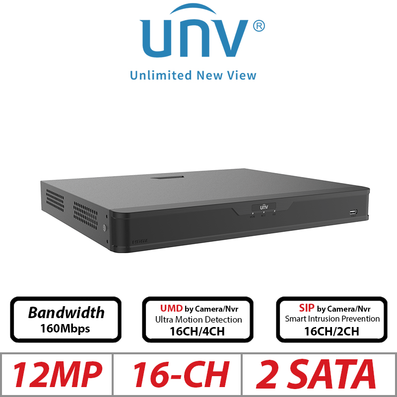 12MP 16-CH UNIVIEW POE 2-SATA HD NVR ULTRA 265/H.265/ NVR302-16B-P16-IQ