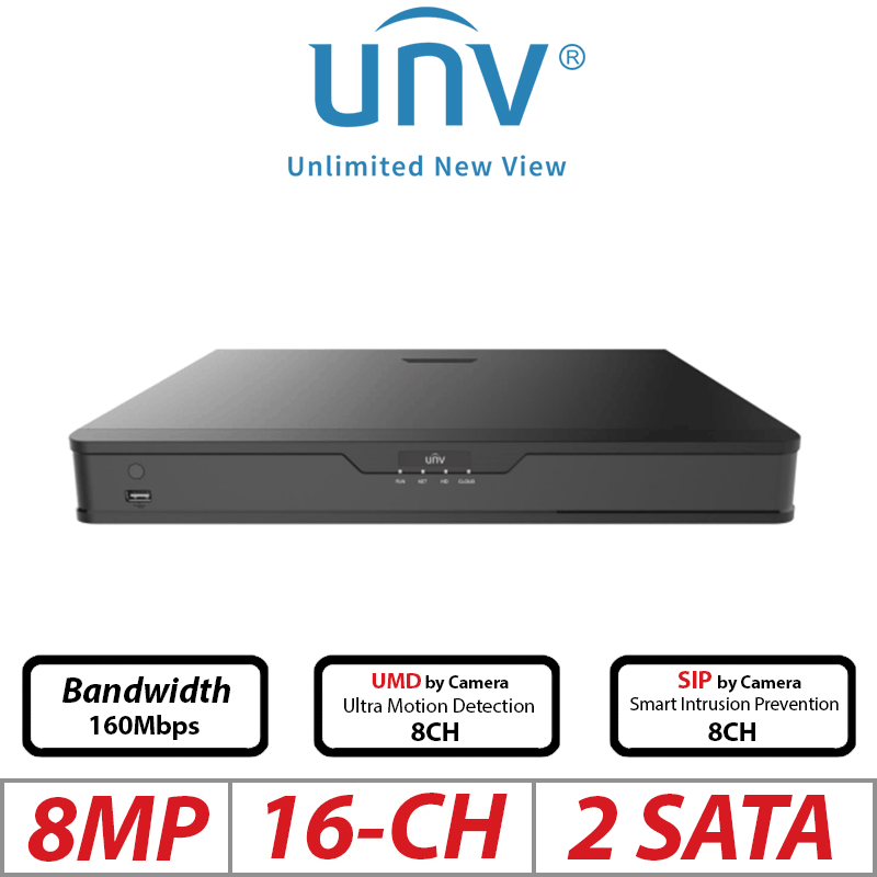 8MP 16-CH UNIVIEW POE 2-SATA NVR WITH VIDEO CONTENT ANALYSIS ULTRA 265/H.265/H.264 UNV-NVR302-16S2-P16