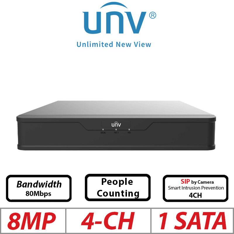 8MP 4-CH UNIVIEW POE 1-SATA HD NVR ULTRA 265/H.265/ UNV-NVR501-04B-P4