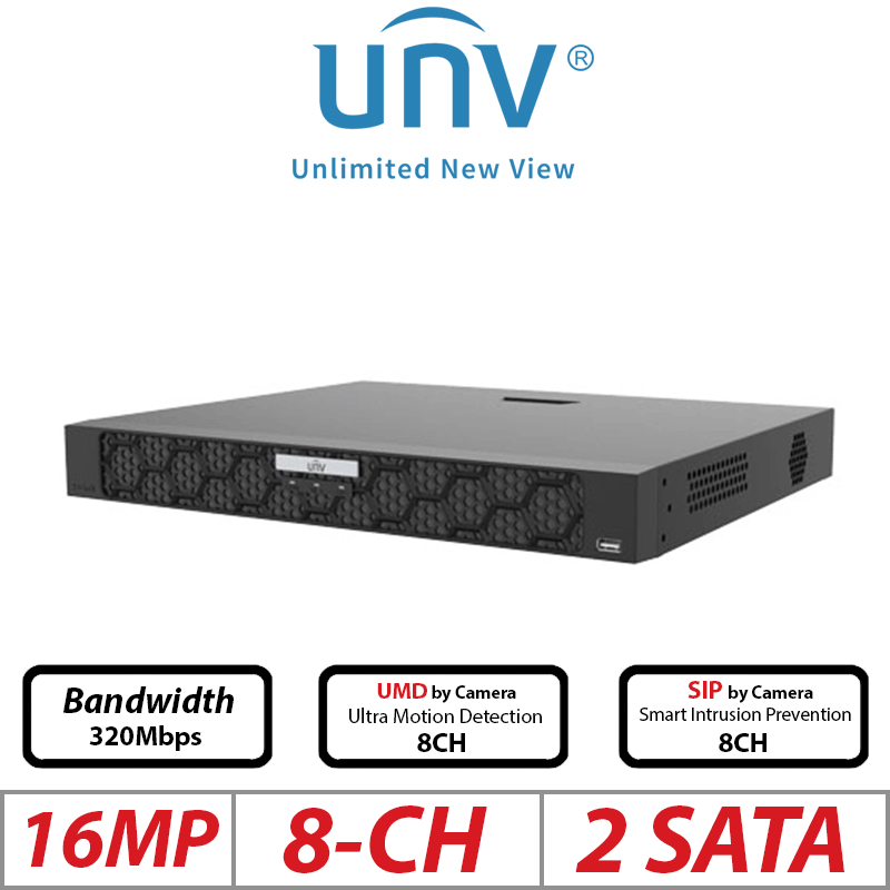 16MP 8-CH UNIVIEW 2-SATA POE NVR ULTRA 265/H.265/H.264 NVR502-08B-P8