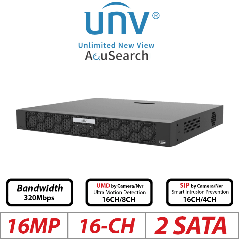 16MP 16-CH UNIVIEW IQ SERIES POE 2-SATA HD NVR WITH BUILT IN AI CAPABILITY 265/H.265/H.264 NVR502-16B-P16-IQ