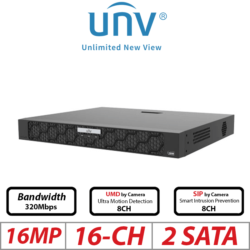 16MP 16-CH UNIVIEW 2-SATA NVR ULTRA 265/H.265/H.264 UNV-NVR502-16B-P16