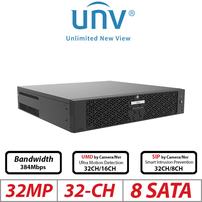 32MP 32-CH UNIVIEW NON-POE 8-SATA HD NVR WITH VIDEO CONTENT ANALYSIS ULTRA 265/H.265/H.264 NVR508-32E-R-IQ