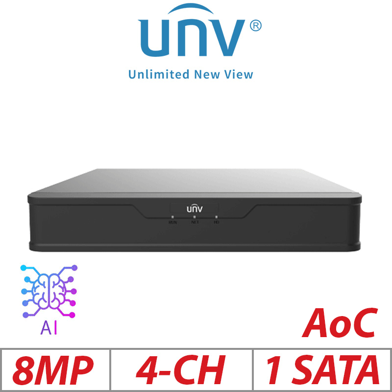 8MP 4-CH UNIVIEW 1-SATA 4 ADDITIONAL IP CAMERAS AOC XVR 265/H.265/H.264 UNV-XVR301-04U3